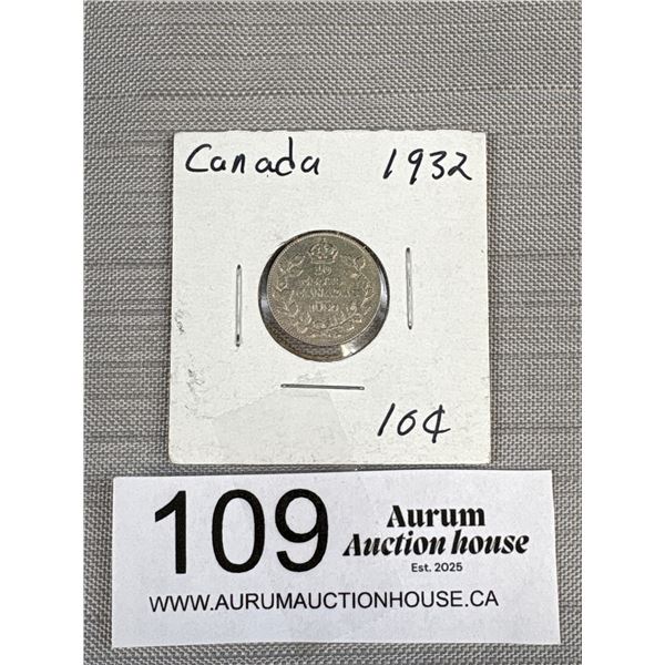 1932 Canada Silver 10 Cent Coin in Holder