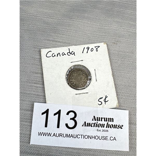 1908 Canada Silver 5 Cent Coin