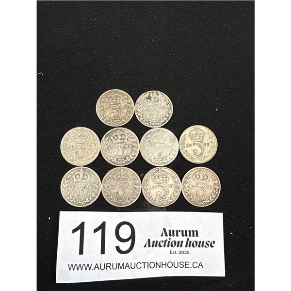 A Lot of 10 Very Old Silver British 3 Pence Coins