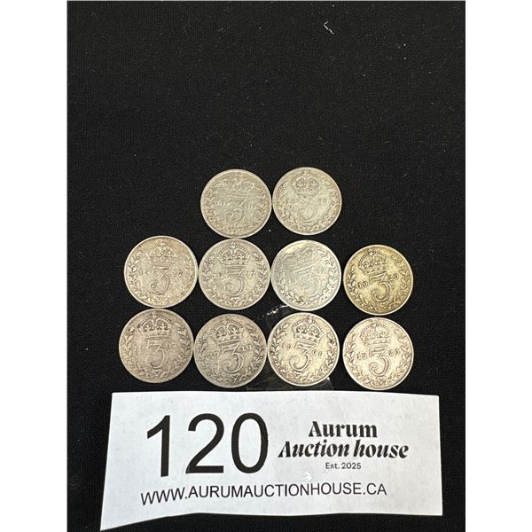 A Lot of 10 Very Old Silver British 3 Pence Coins