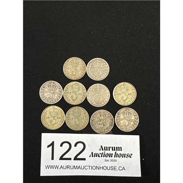 Lot of 10 1920 3 Pence Coins