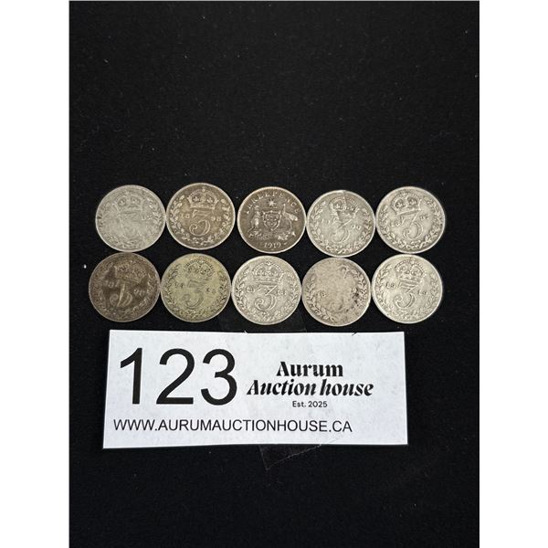 Lot of 10 1920 3 Pence Coins