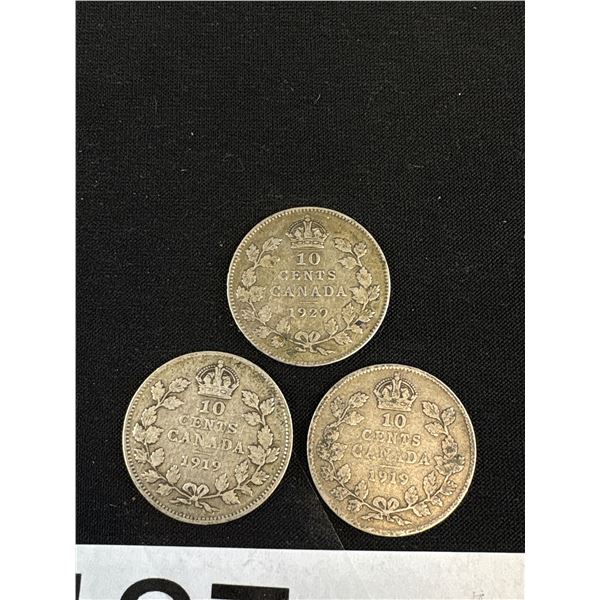 1929 and 2 1919 Canadian Silver Dimes