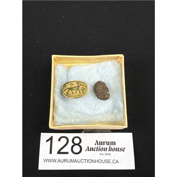 An Ancient Egyptian Scarob Amulet Bead Retrieved Venice 1950s + Carpolite Fossil