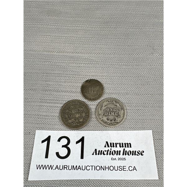 US Silver Dimes 1911 and 1838 + 1851-62 US 3 Cent Coins