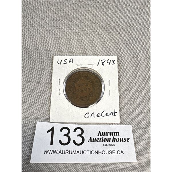 1843 US 1 Cent Coin