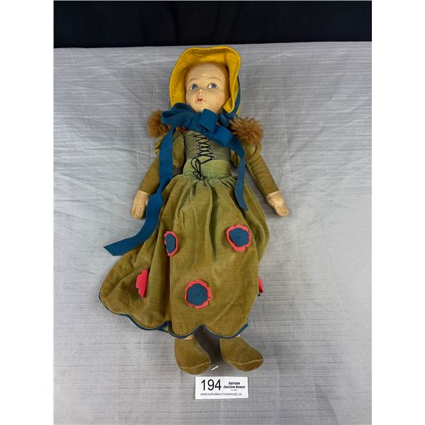 Rarer Large Size 17" Norah Wellings Velvet Doll with Jointed Neck, Molded Face. Label on Foot