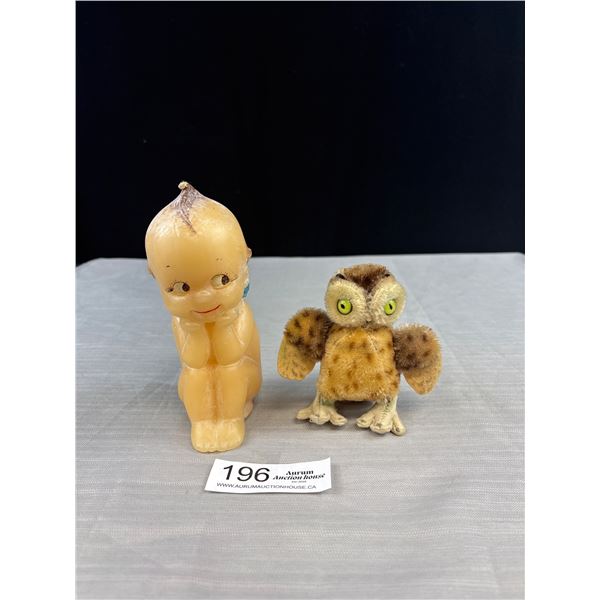 Vintage Steiff 4" Mohair and Felt Owl, Green Glass Eyes Together with 6" Kewpie Doll Candle