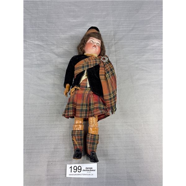 Antique 12" Armand Marseille Bisque and Painted Wood Doll with Working Eyes, in Scottish Costume