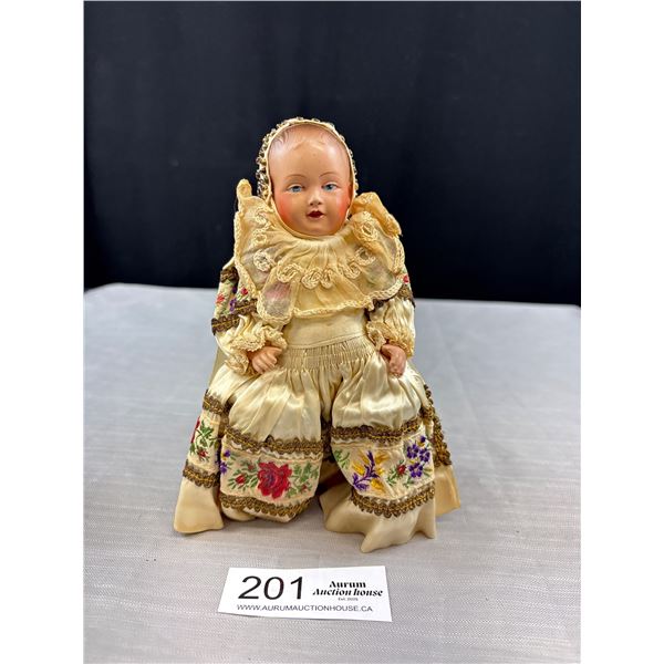 Vintage Celluloid Doll in Original Beaded Cap and Dress, 8" Total Length