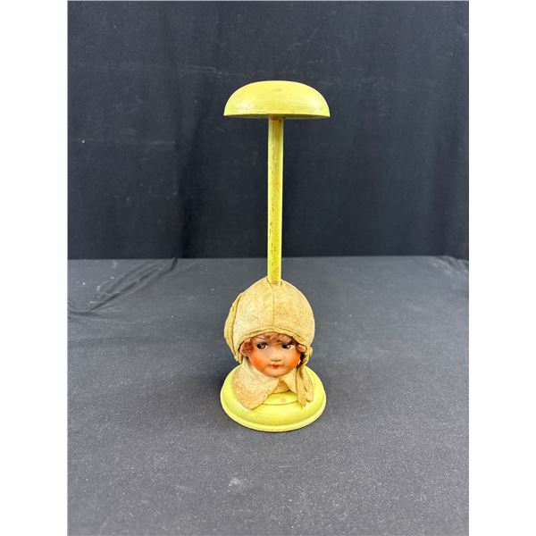 1920's Wood and Paper Mache Doll Head Hat Stand with Styrofoam Display Head and Three Advertising Ha