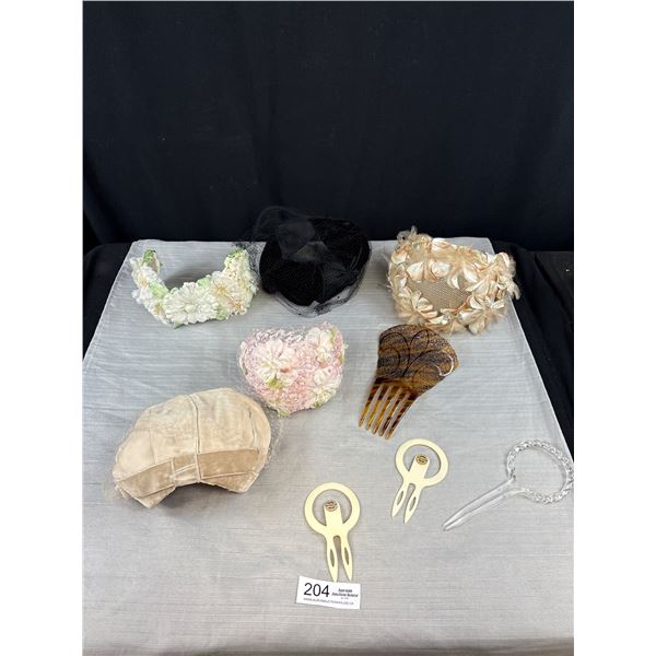 Lot of 5 Vintage Hats with Pair of Rhinestone Embellished Hair Combs Stamped Paris, a Mantilla Comb 