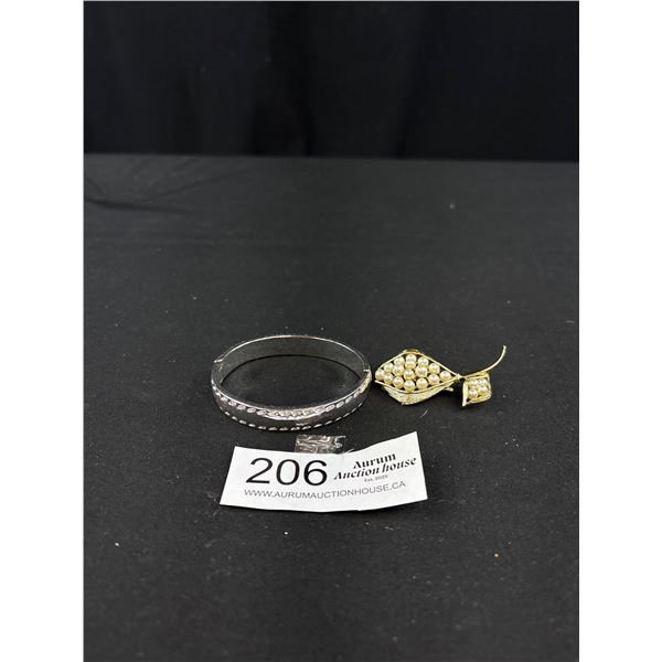 Ralph Lauren Hinged Bangle Bracelet Stamped LRL, Together with Textured Faux Pearl Leaf Brooch
