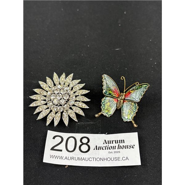 Lisner Signed 2" Rhinestone Sunflower Brooch Together with 1970's Glitter Enamel Butterfly Brooch