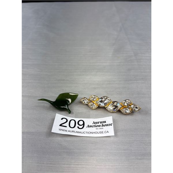 Desirable Christian Dior Signed Vintage 3" Bar Brooch Together with Jade Flying Goose Brooch