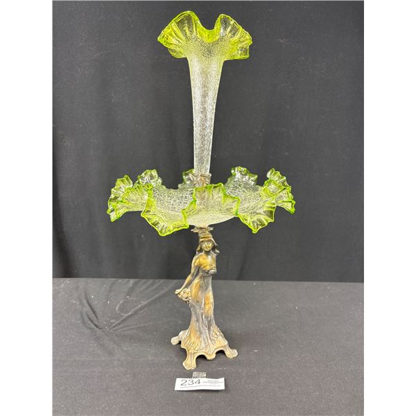 Art Nouveau Center Piece Vase with Green Glass with Figural Lady