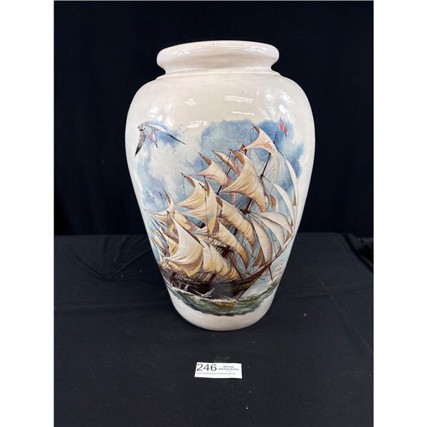 Vintage 17" Tall Hand Painted Ship on Vase NO SHIPPING