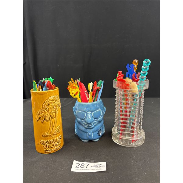 Lot of 3 Vintage Vancouver Tiki Mugs Filled with Vintage Swizzle Sticks, Includes Hawaiian Village a