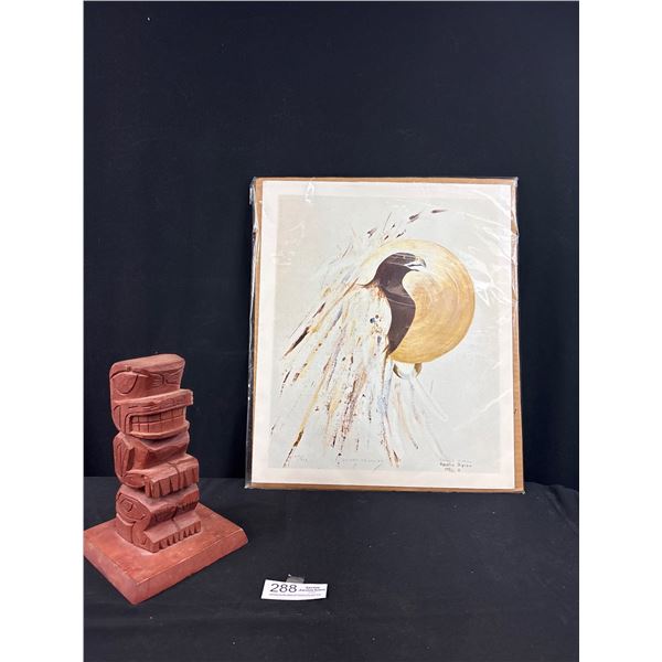 Vintage 1976 Totem Pole Carving Signed Measures 9 Inches High and 1991 Rosalie Dipsu Print