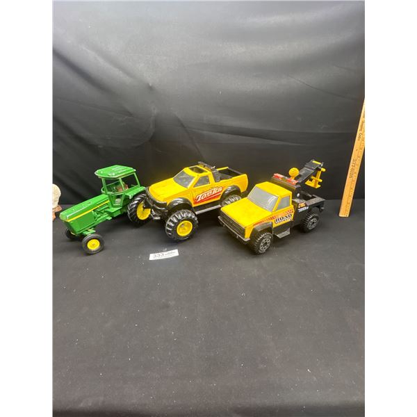 2 Tonka Trucks + John Deere Diecast Tractor