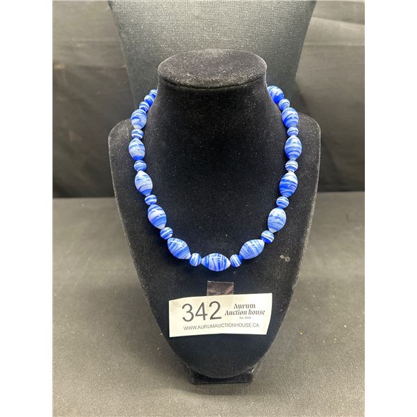 Antique Cobalt Blue Swirl Art Glass Bead Necklace C.1930's