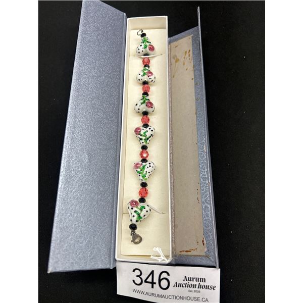 Beautiful Vintage Venetian Italian Heart Shaped Glass Beads with Roses Bracelet