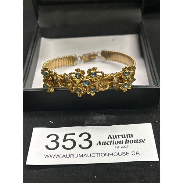 Beautiful Genuine Antique Gold Plate Clasped Bangle Aqua Stones Excellent!