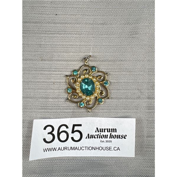 Nice Turquoise Blue + Pearl Rhinestone Pendant 1950's