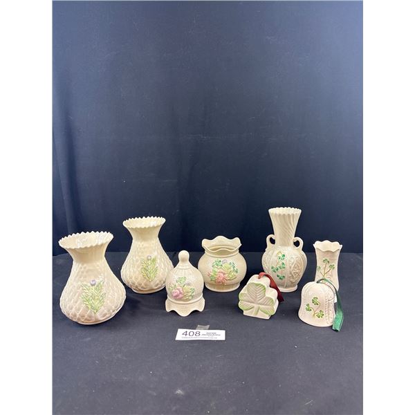 Very Nice Lot of Vintage Belleek Vases + 3 Donegal Irish Ireland Porcelain Bells