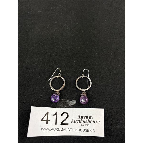 Sterling Silver Pair of Earrings w/ Dangling Genuine Amethyst Stone Beads Charms
