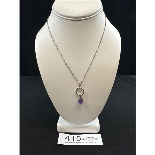 Vintage Silver Chain w/ Genuine Amethyst Stone Pendant Necklace