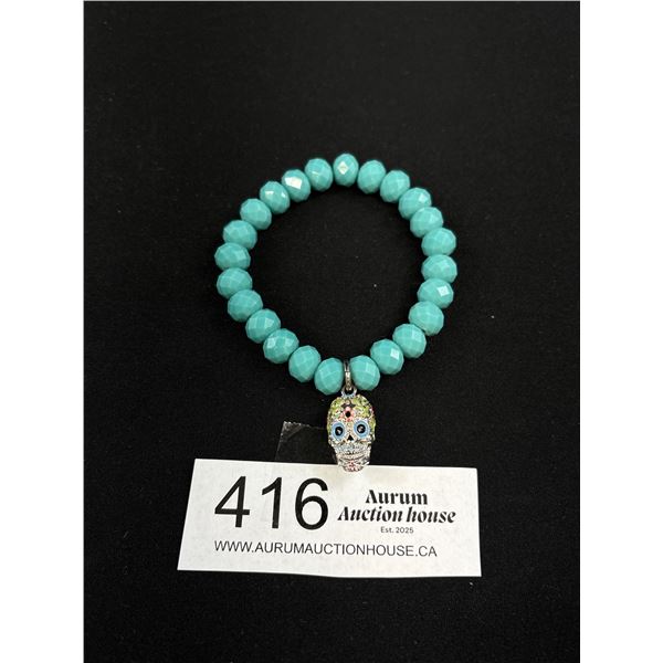 Glass Beads Stretch Bracelet w/ Skull Charm