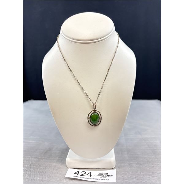Vintage Silver w/ Dark Green B.C. Jade Pendant w/ Chain Necklace