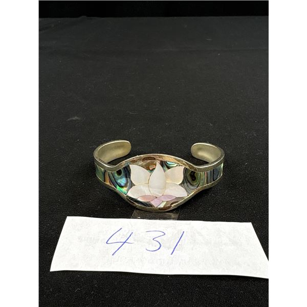 Vintage Mexican Silver w/ Mother of Pearl + Abalone Inlaid Open Cuff Bangle