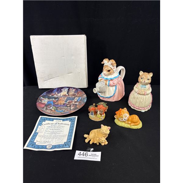 Cat and Bunny Collectibles with Cat Coin Bank, Bunny Teapot