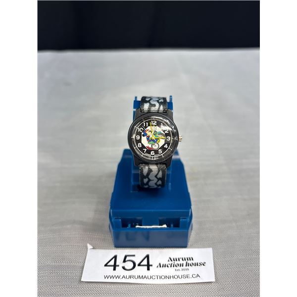 Vintage 90's Lorus Disney Mickey Mouse Watch w/ Nylon Strap On Stand In Good Working Order