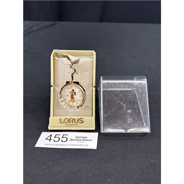 Vintage 90's Lorus Mickey Mouse Disney Stop Watch w/ Gold Tone Chain In Original Packaging In Good W