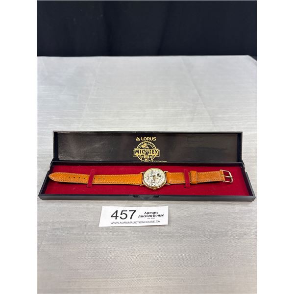 1987 Loris 60 Years With You Mickey Disney Watch w' Brown Leather Strap In Original Case
