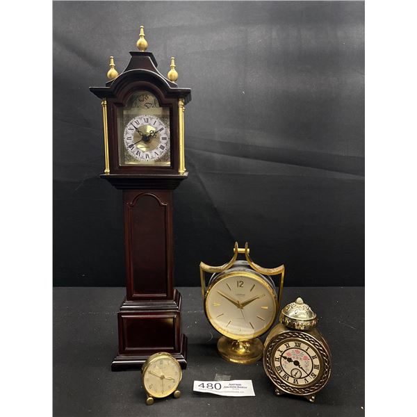 Collectible Clock Lot Mini Grandfather Mantle and Perfume Bottle