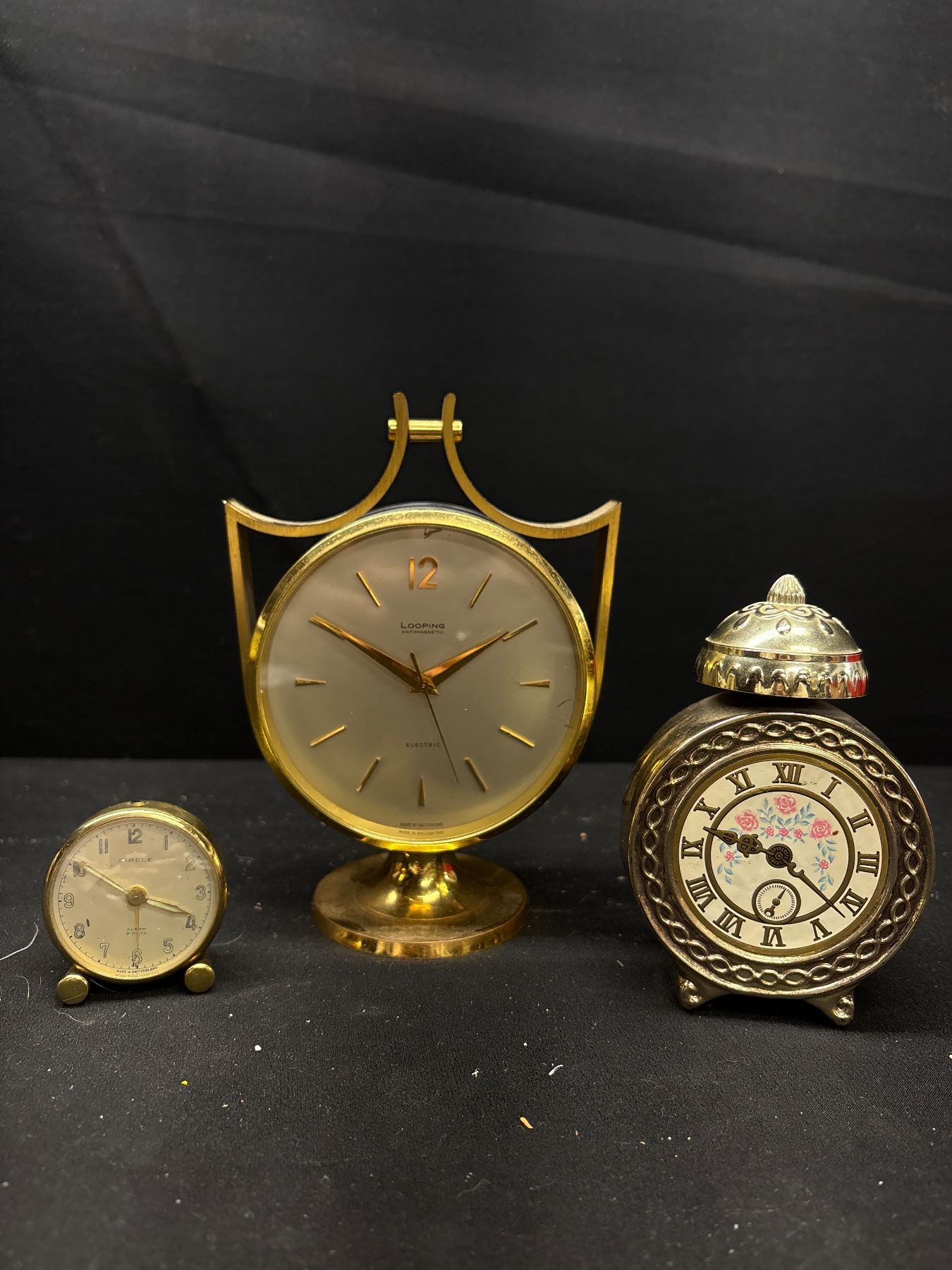 Collectible Clock Lot Mini Grandfather Mantle and Perfume Bottle