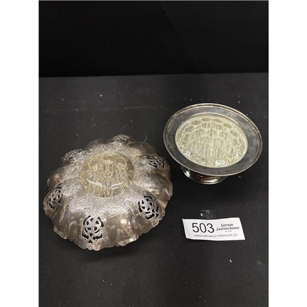 2 Silver Plate Dishes and 2 Frog Glass