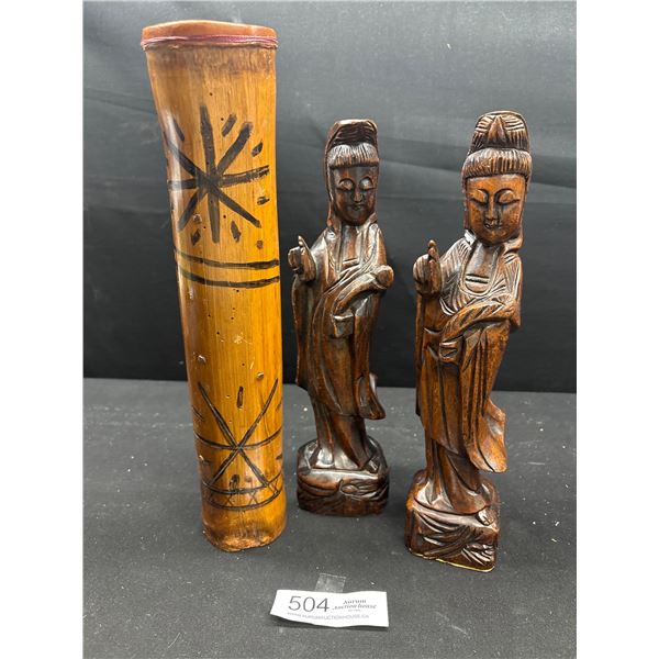 Pair Chinese Wood Carved Statues (2) + Rain Stick Bamboo