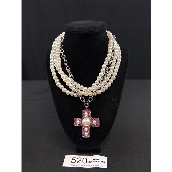 Triple Strand Pearls w/ Cross Necklace