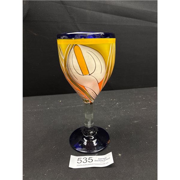 Vintage Hand Blown Hand Painted Large Goblet 8" Height