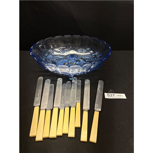 W.R. Humphreys Co Sheffield Knives, 4 Dessert 5 Plate and Blue 1950s Ice Fruit Bowl