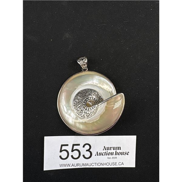 Large + Heavy Sterling Silver w/ Mother of Pearl Pendant, 2" Diameter, Marked 925