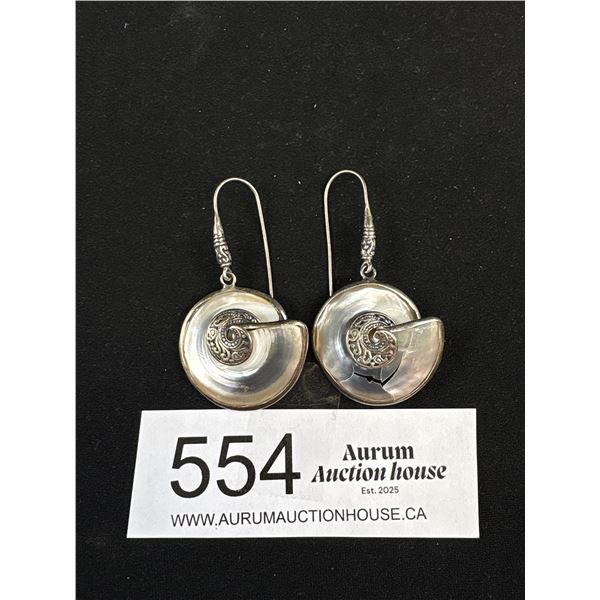 Sterling Silver Pair of Earrings Set w/ Mother of Pearl, Marked 925, One Slightly Damaged, As Found.