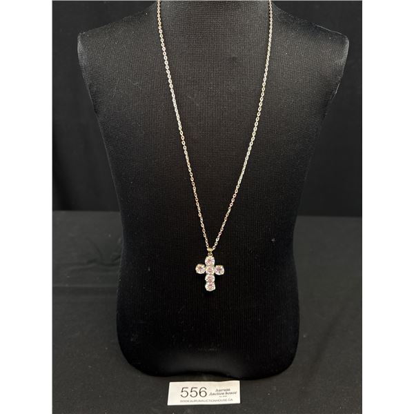 Vintage Sterling w/ 6 Sparkling Crystal Stones Cross Pendant w/ Chain Necklace