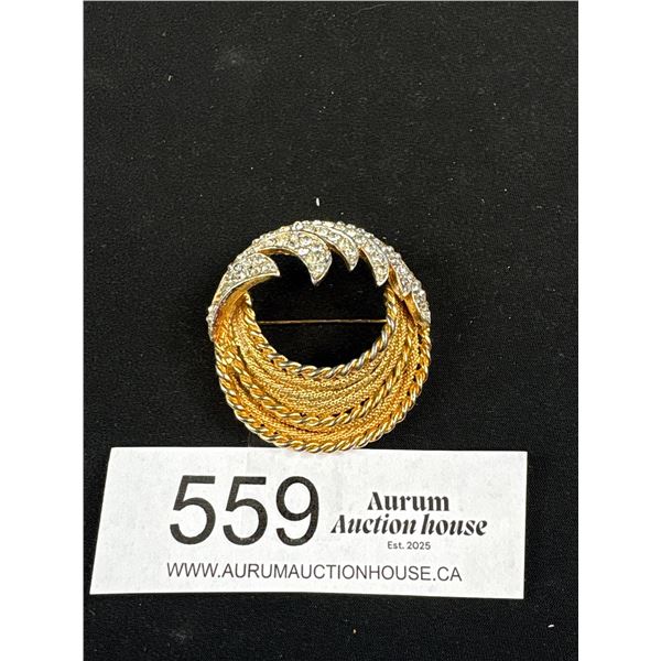 Vintage Gold w/ White Rhinestones Brooch, Unmarked, Boucher Quality