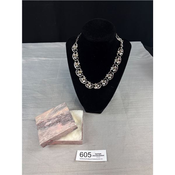 C.1950's Signed "CORO" Silver 3 Leaf Clover Rhinestone Necklace